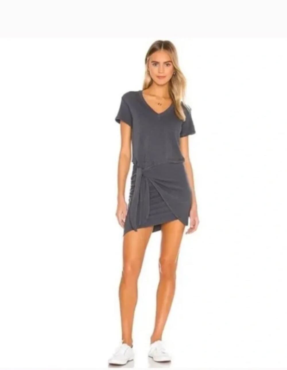 Monrow x Revolve Supersoft V Dress Tie-Front Ruched Dress in Black size Large